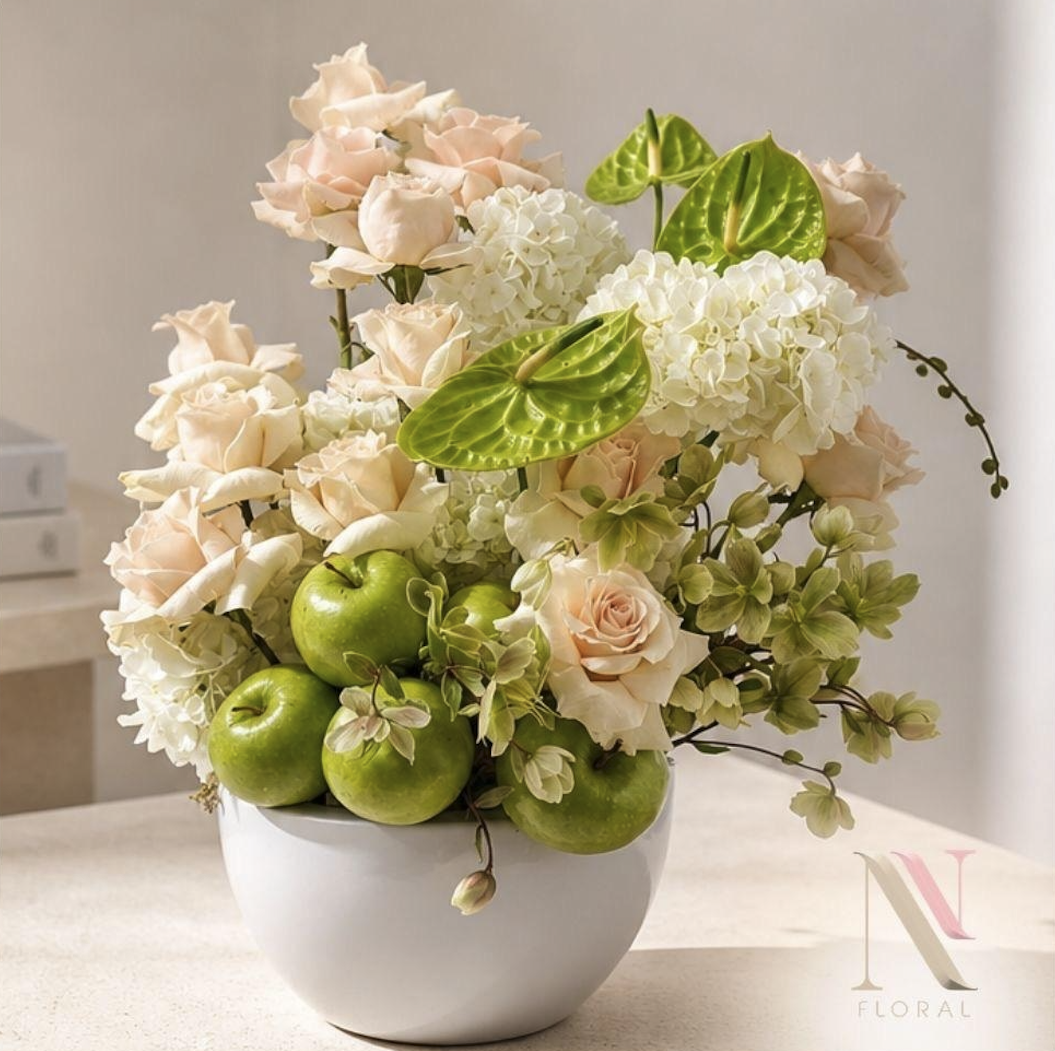 white roses and orchids arrangement